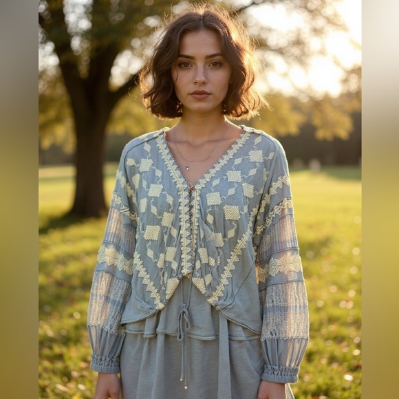 FP Movement by Free People Tops - Free People Boho Blue Shirt with Matcha Green Accents